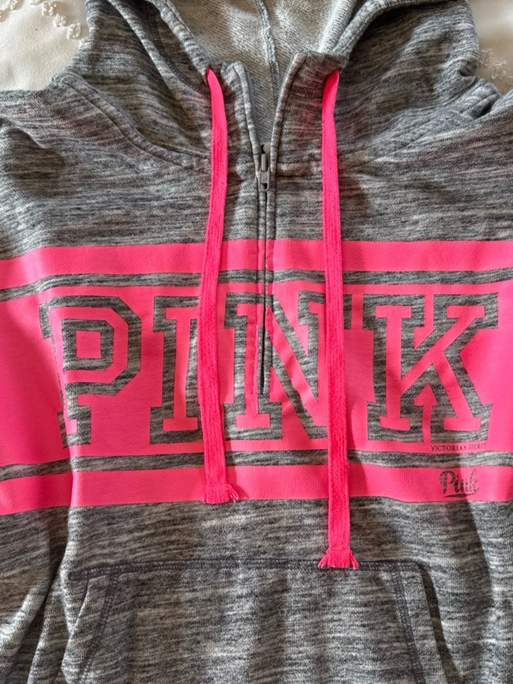 PINK Victoria's Secret Gray & Hot Pink Hooded Sweatshirt - Picture 2 of 6
